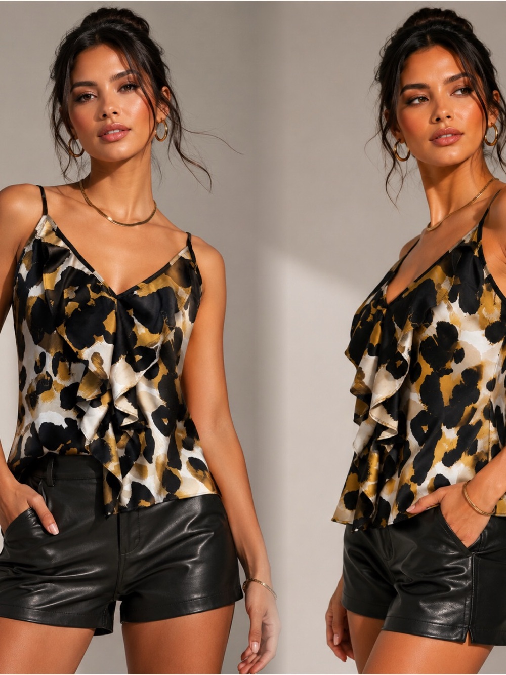 CAbi Black & Gold Animal Print Ruffle Satin Cami